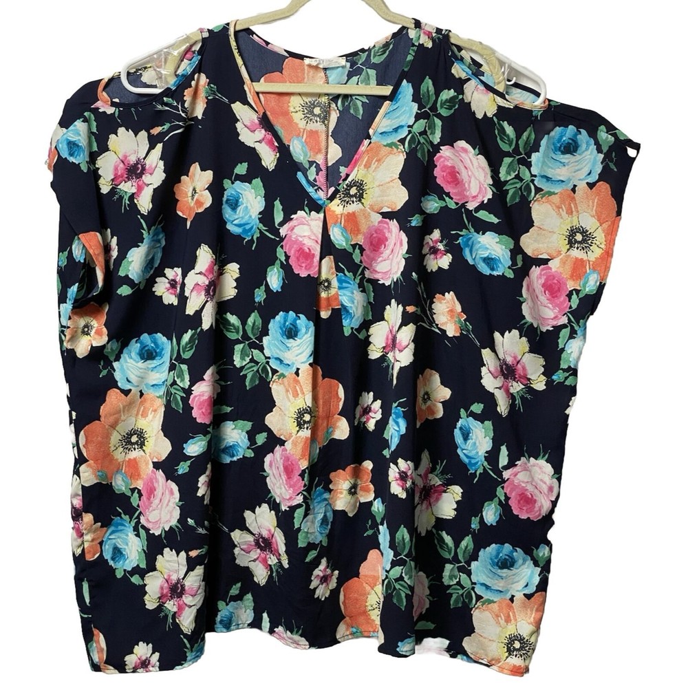 Peach Love California Floral Cold Shoulder  Sz L Polyester Blouse Top Oversized